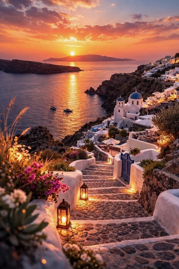 A warm sunset over Santorini