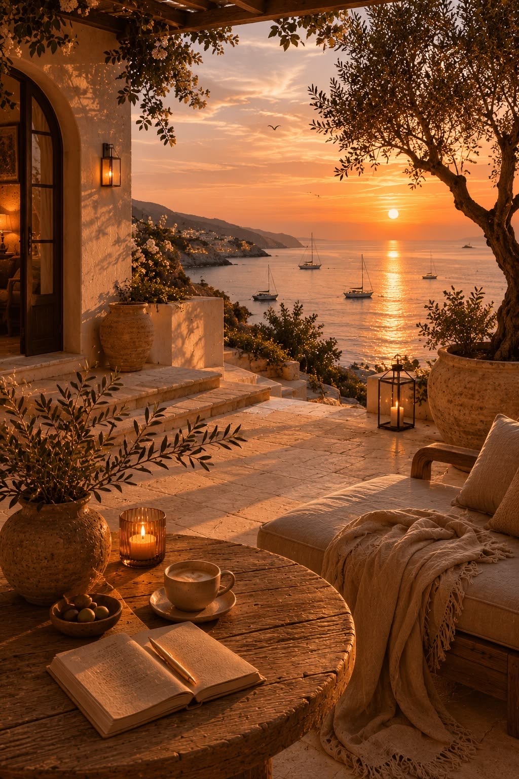 A serene Mediterranean terrace at sunset