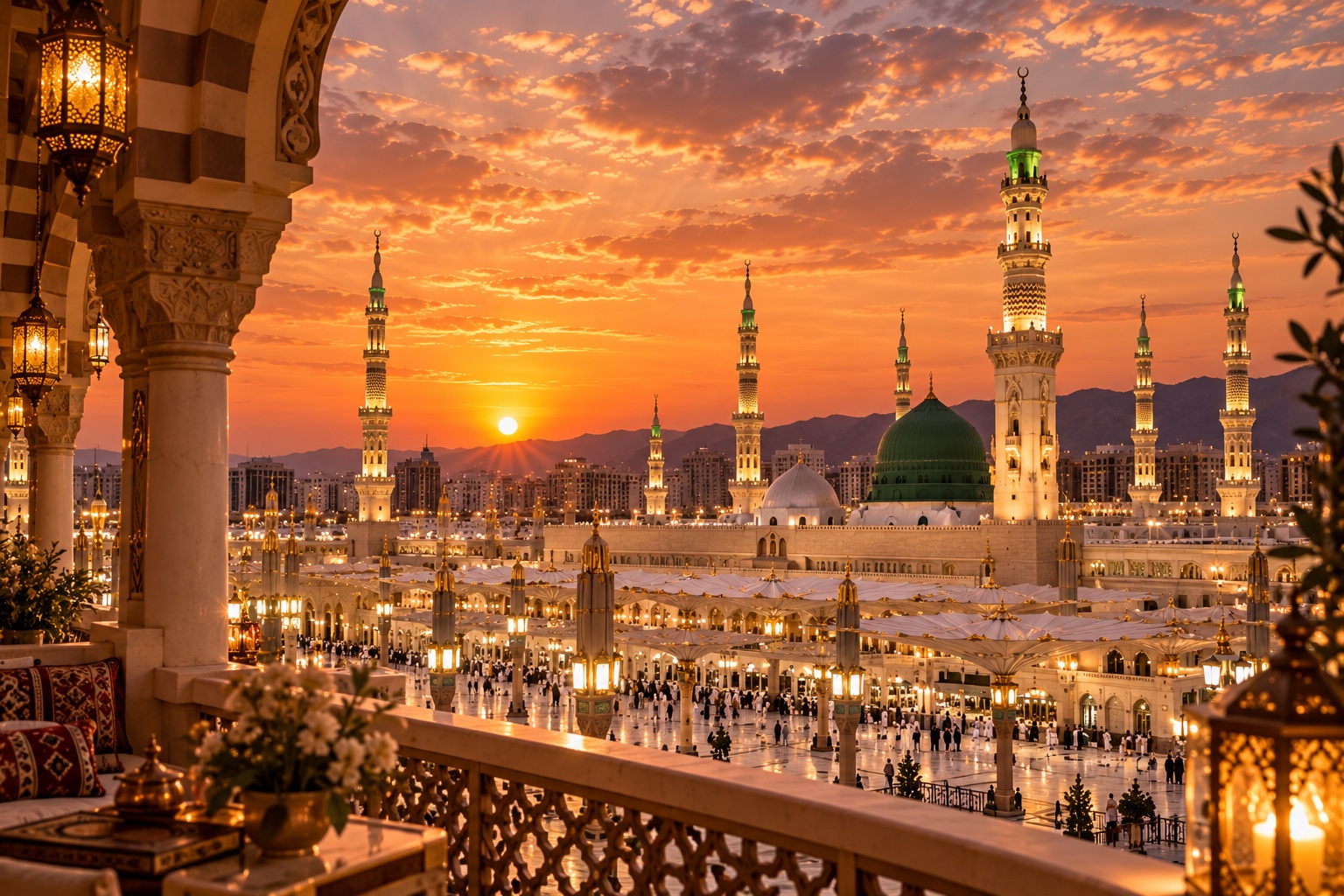 The Prophet's Mosque in Madinah at sunset