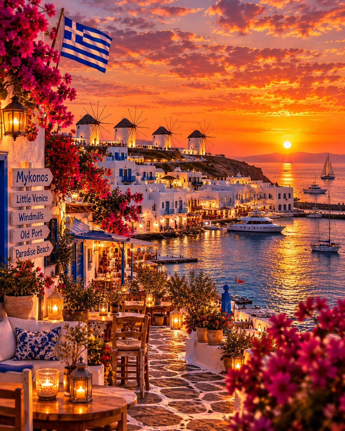 Windmills and the harbour in Mykonos at sunset