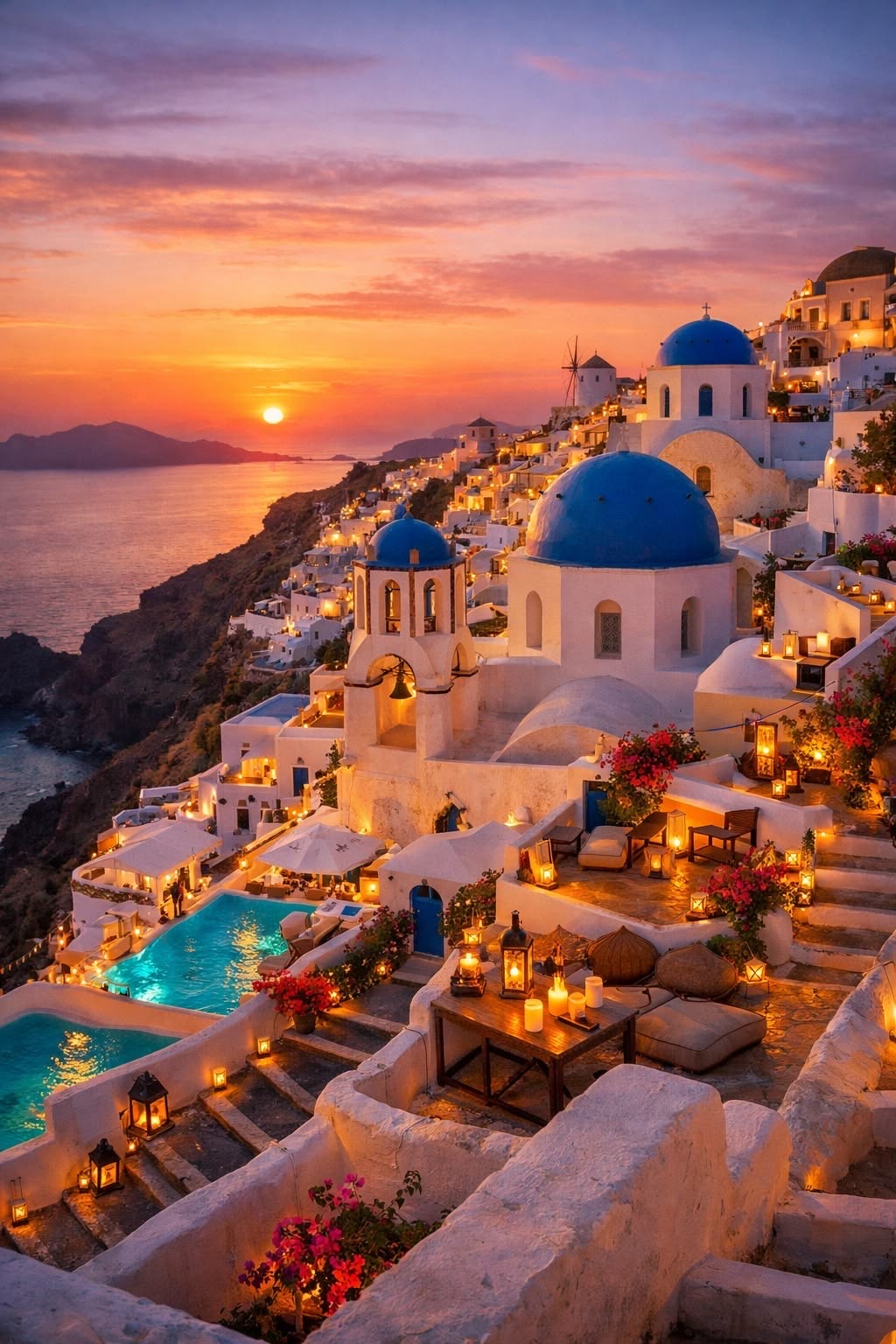 Santorini glowing in the evening