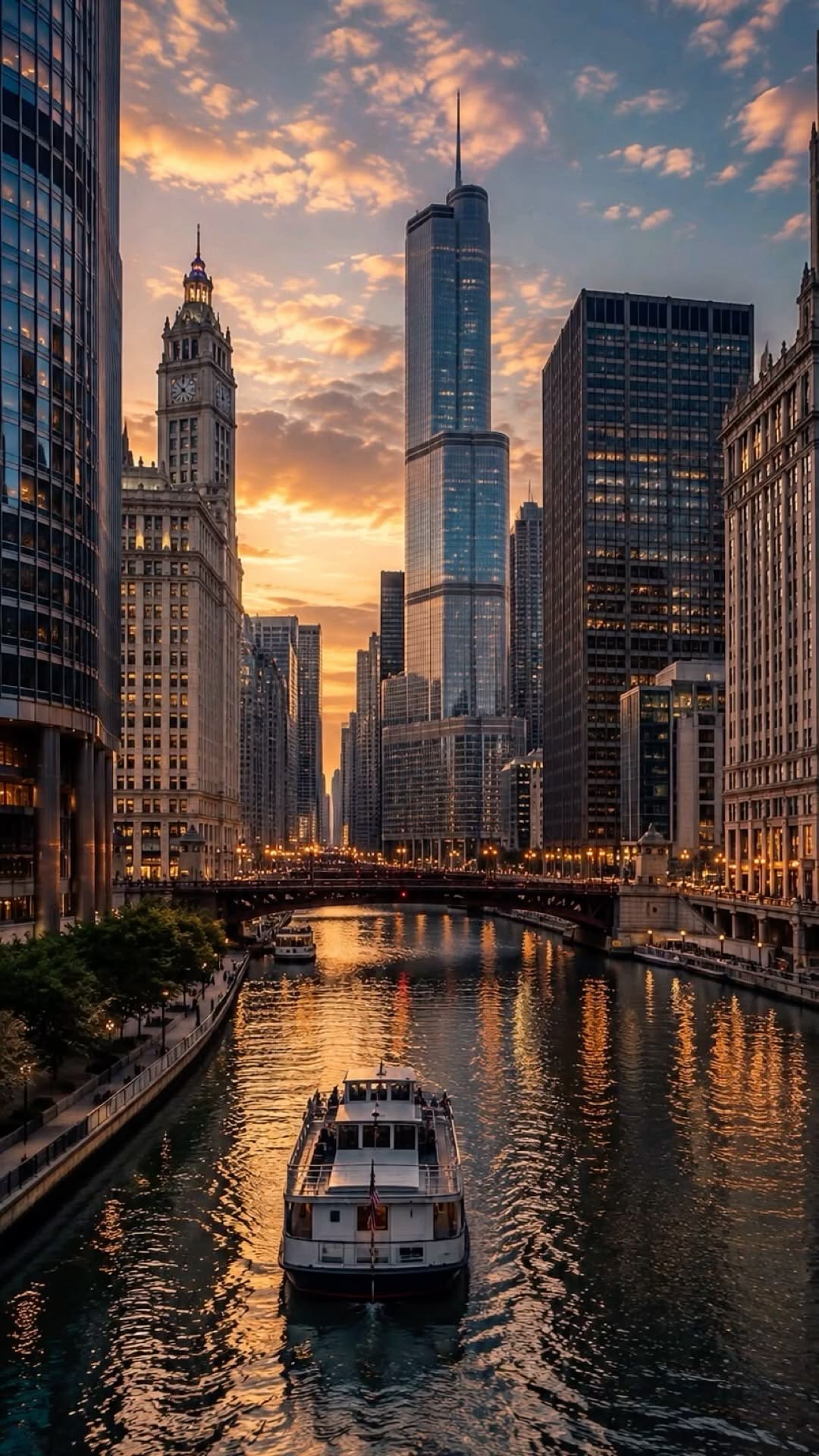 Chicago skyline and river at sunset
